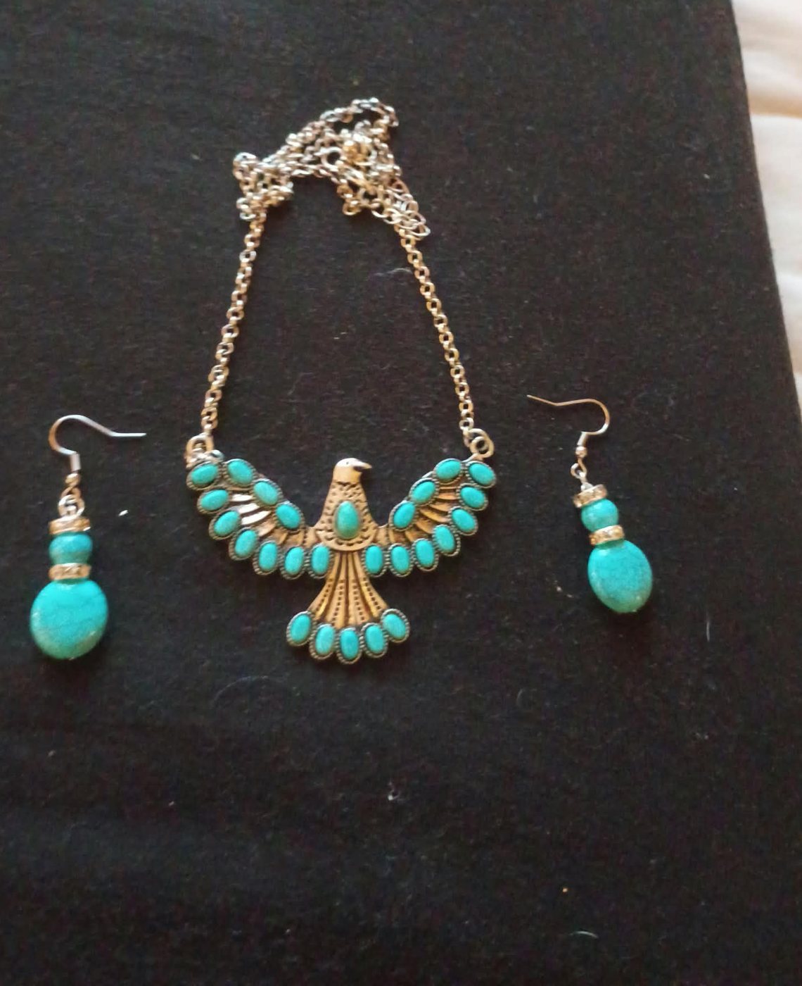 Eagle necklace set with natural turquoise, with natural turquoise earrings