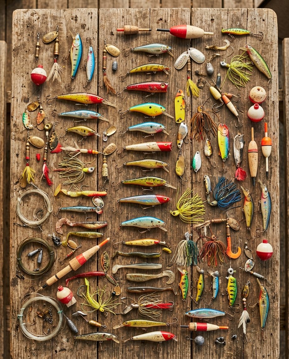 Fishing lures, spinners and bobbers laid out on a wooden table